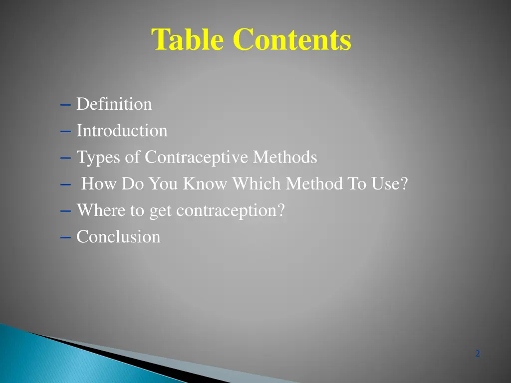 table contents