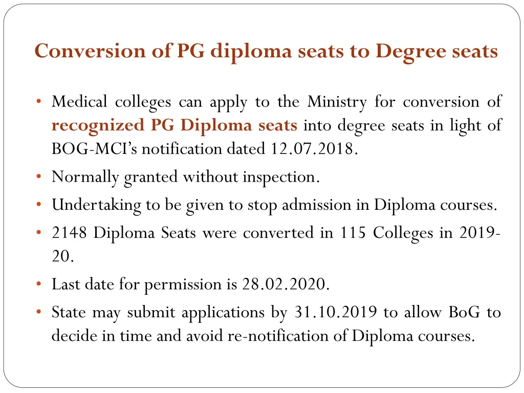 conversion of pg diploma seats to degree seats