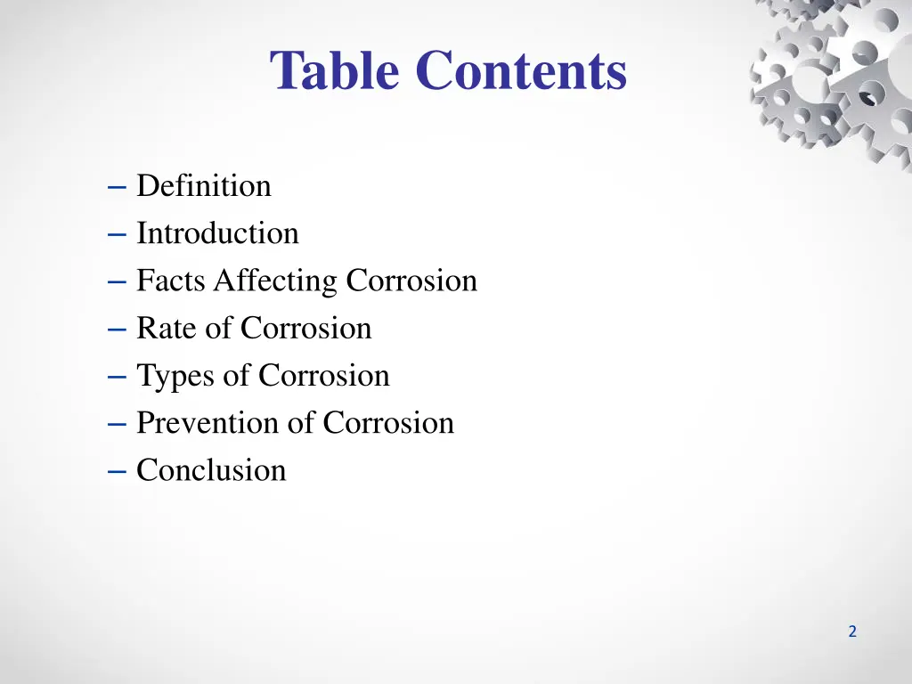table contents