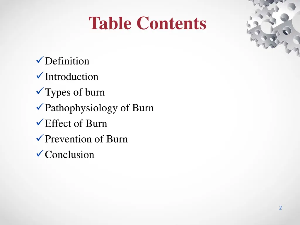 table contents