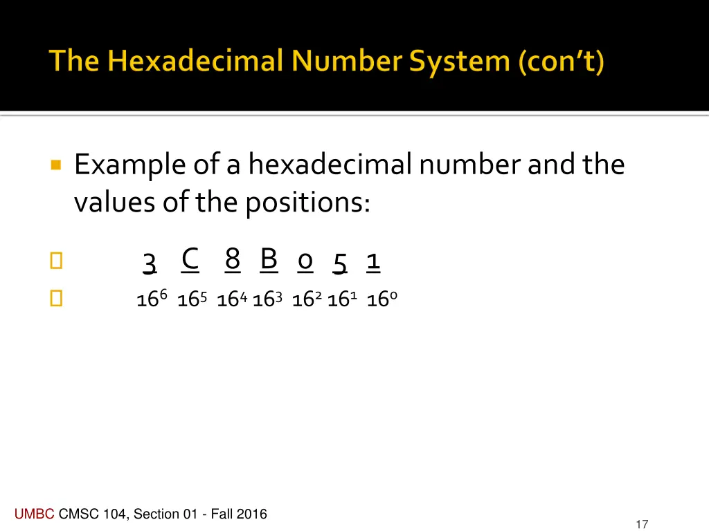 example of a hexadecimal number and the values