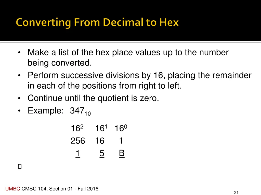 make a list of the hex place values