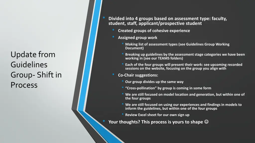 divided into 4 groups based on assessment type