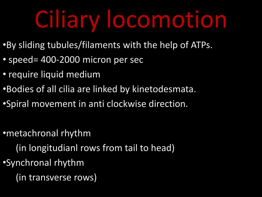 ciliary locomotion by sliding tubules filaments