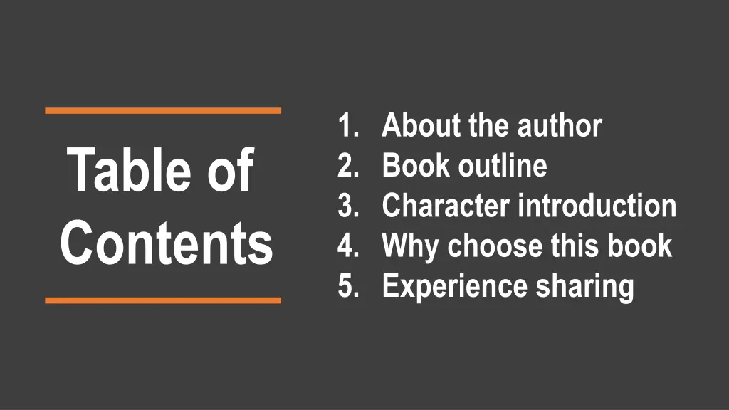 1 about the author 2 book outline 3 character