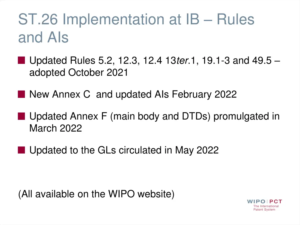 st 26 implementation at ib rules and ais