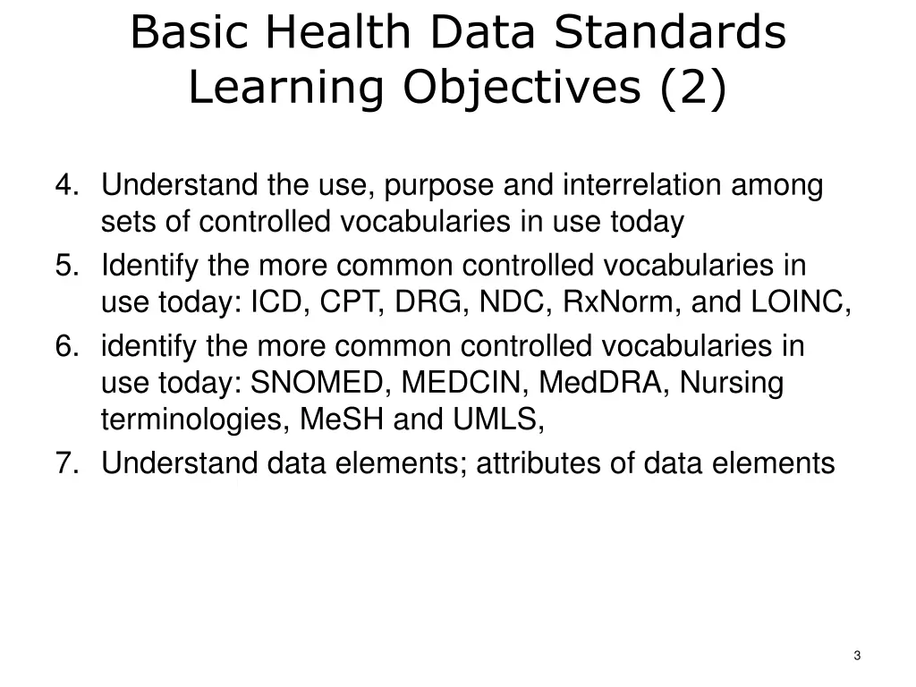 basic health data standards learning objectives 2
