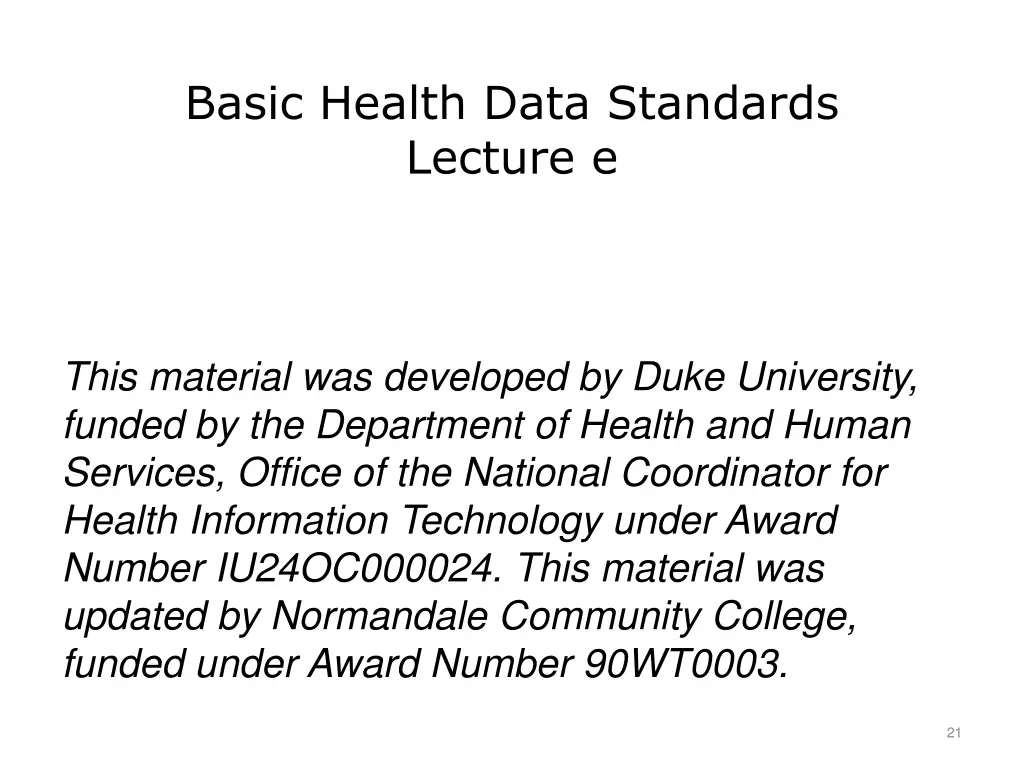 basic health data standards lecture e
