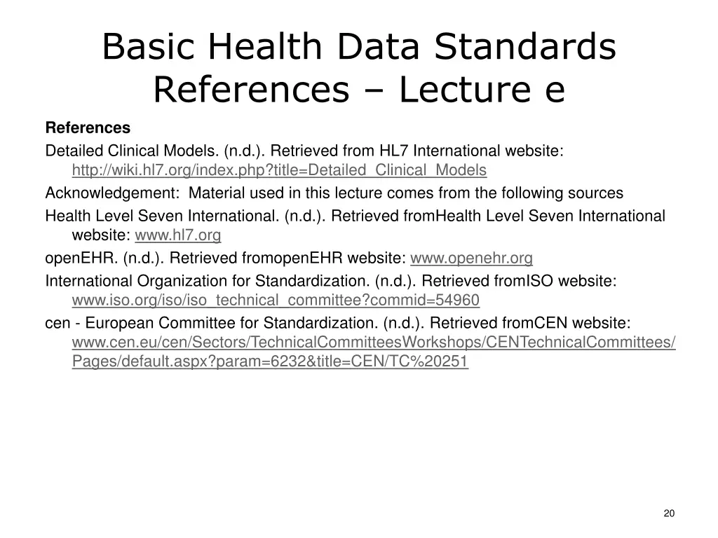 basic health data standards references lecture e