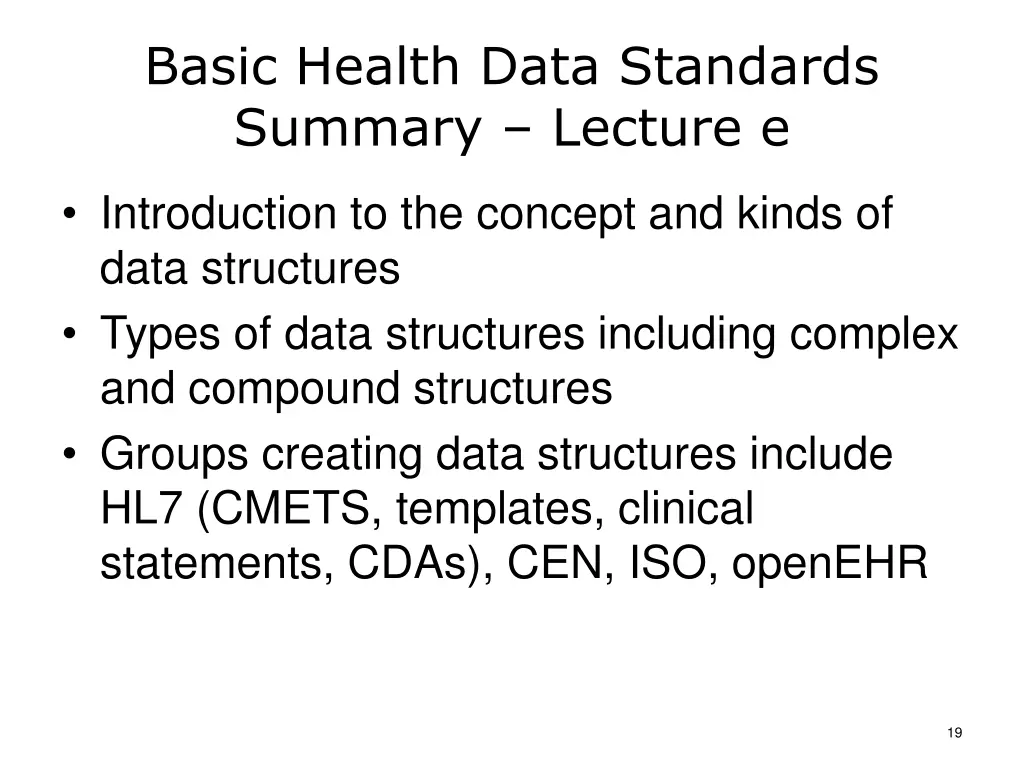 basic health data standards summary lecture e
