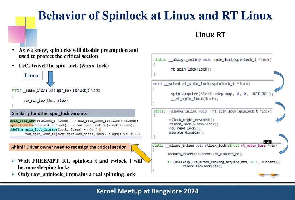 behavior of spinlock at linux and rt linux