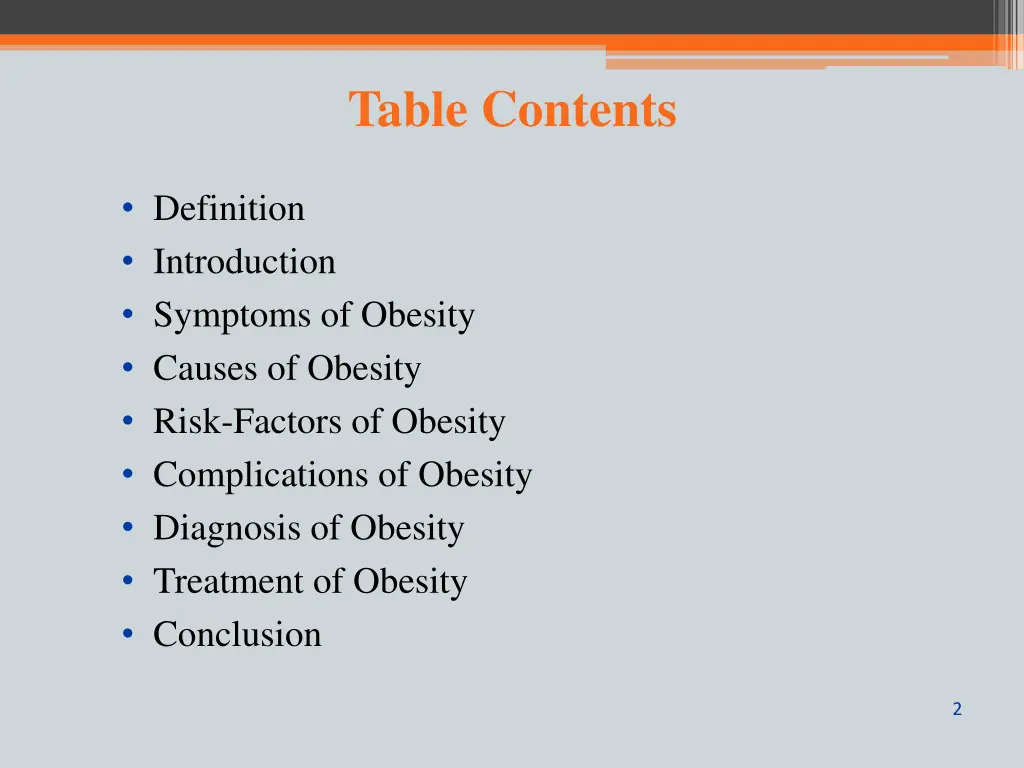 table contents