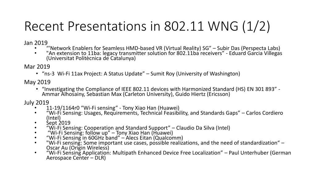 recent presentations in 802 11 wng 1 2