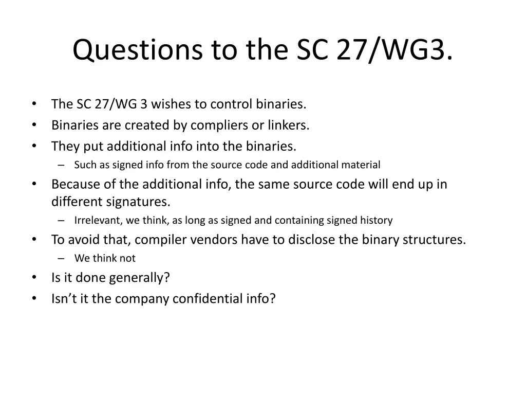 questions to the sc 27 wg3