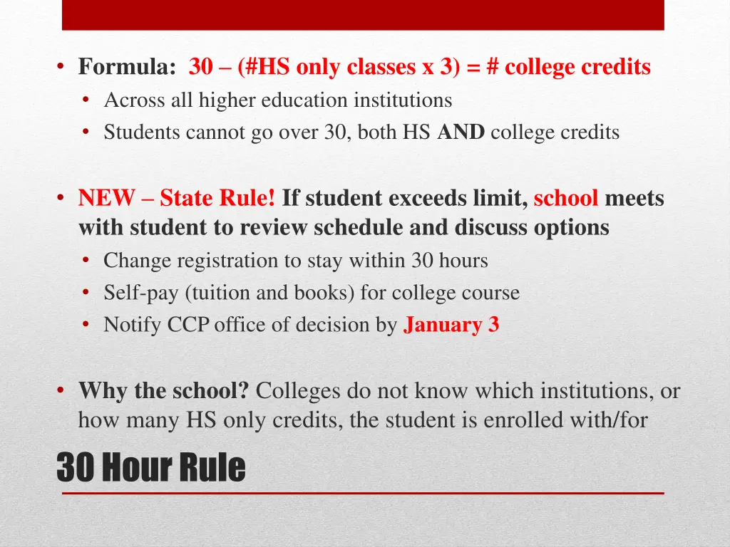 formula 30 hs only classes x 3 college credits
