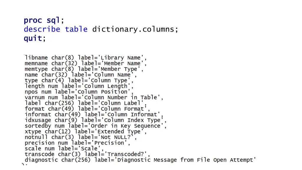 proc proc sql describe table dictionary columns