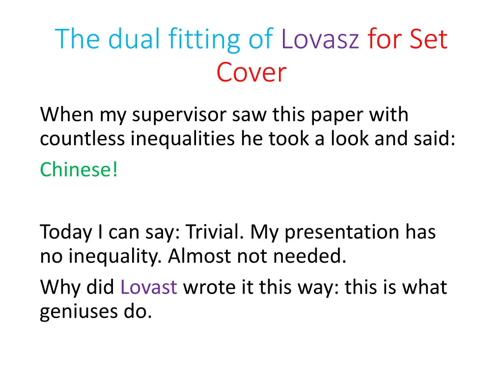 the dual fitting of lovasz for set cover
