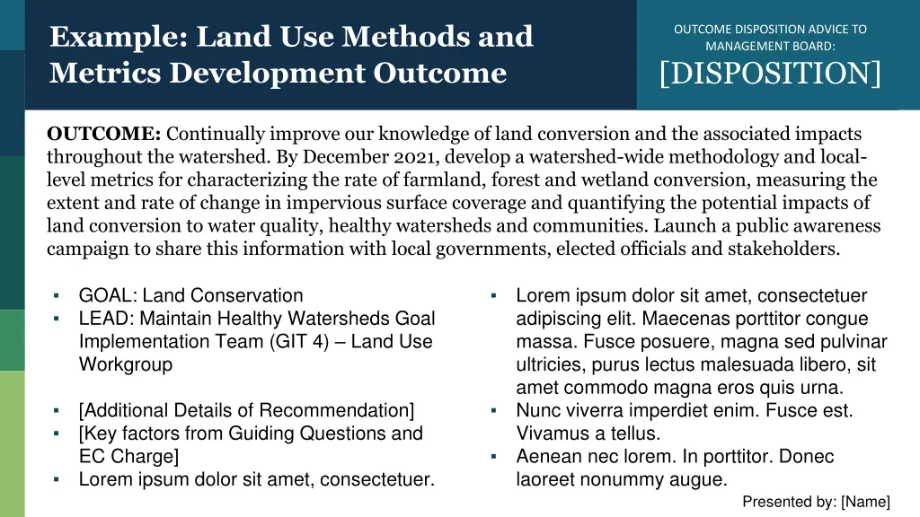 example land use methods and metrics development