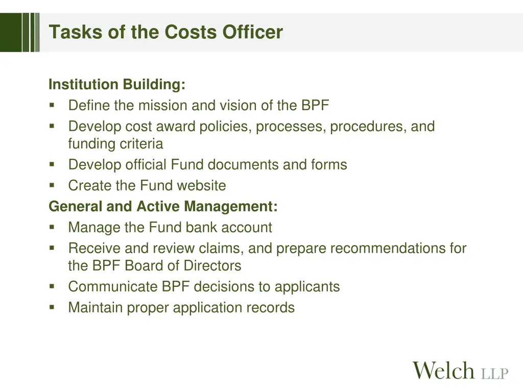 tasks of the costs officer