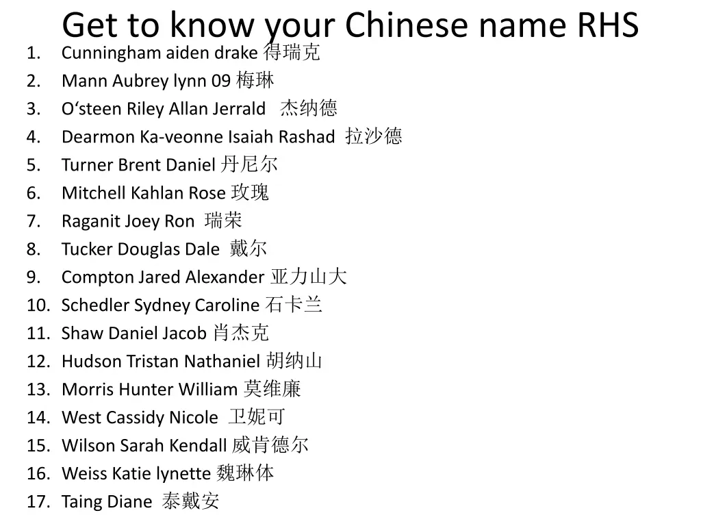 get to know your chinese name rhs cunningham