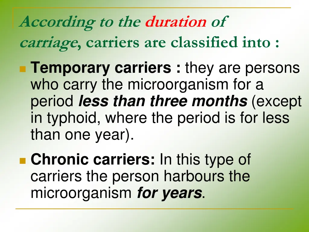 according to the duration of carriage carriers