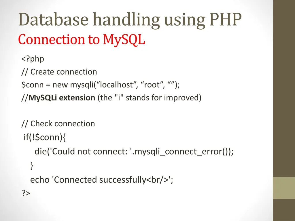 database handling using php connection to mysql