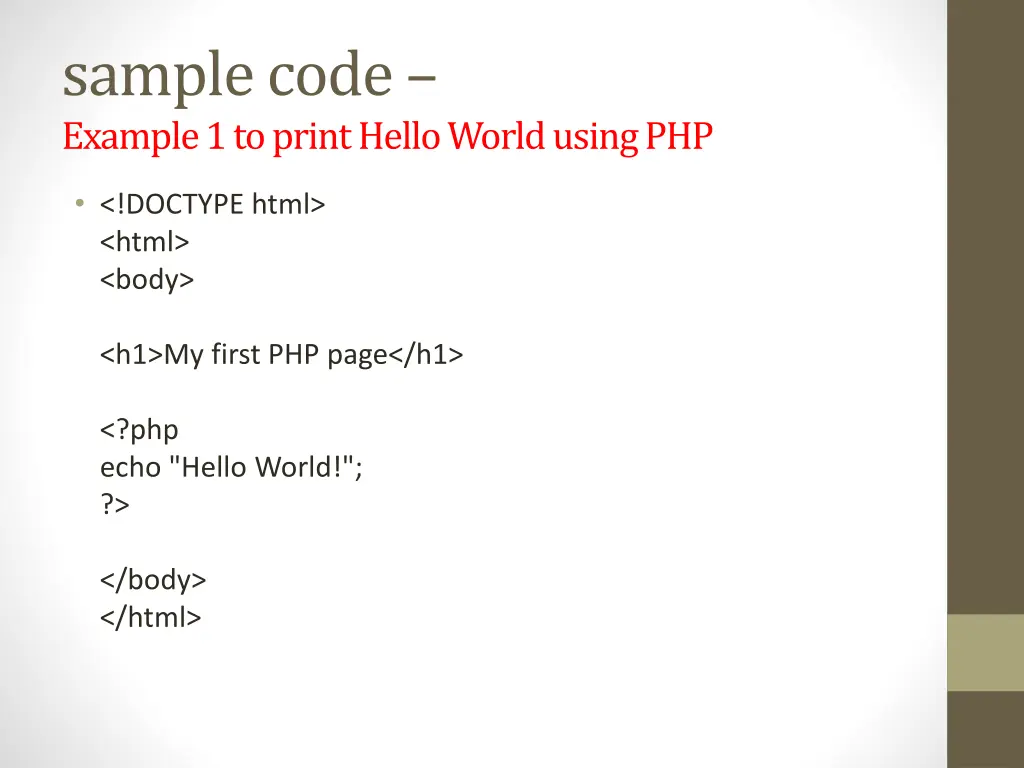 sample code example 1 to print hello world using