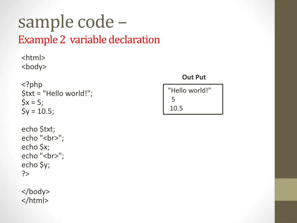 sample code example 2 variable declaration