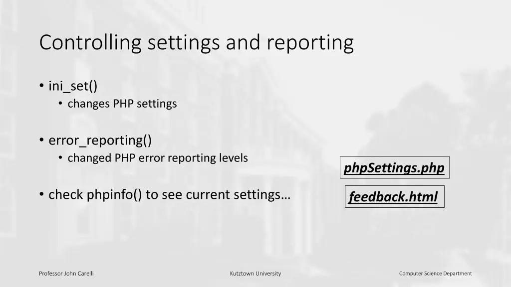 controlling settings and reporting