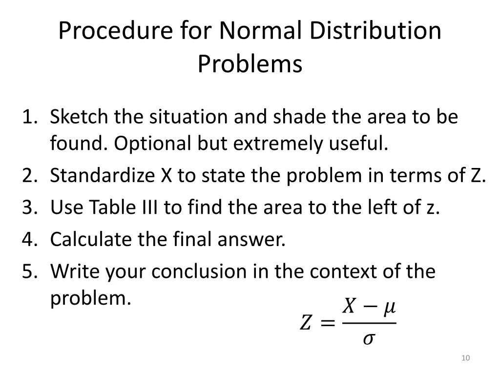 procedure for normal distribution problems