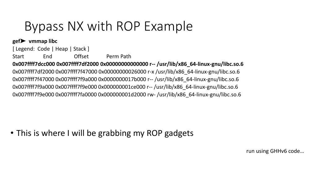 bypass nx with rop example gef vmmap libc legend