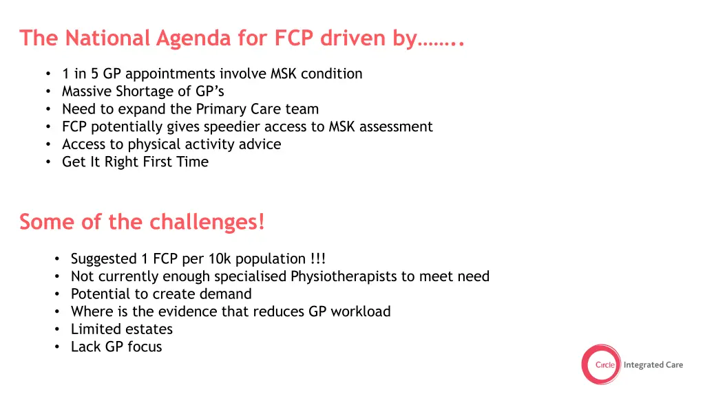 the national agenda for fcp driven by