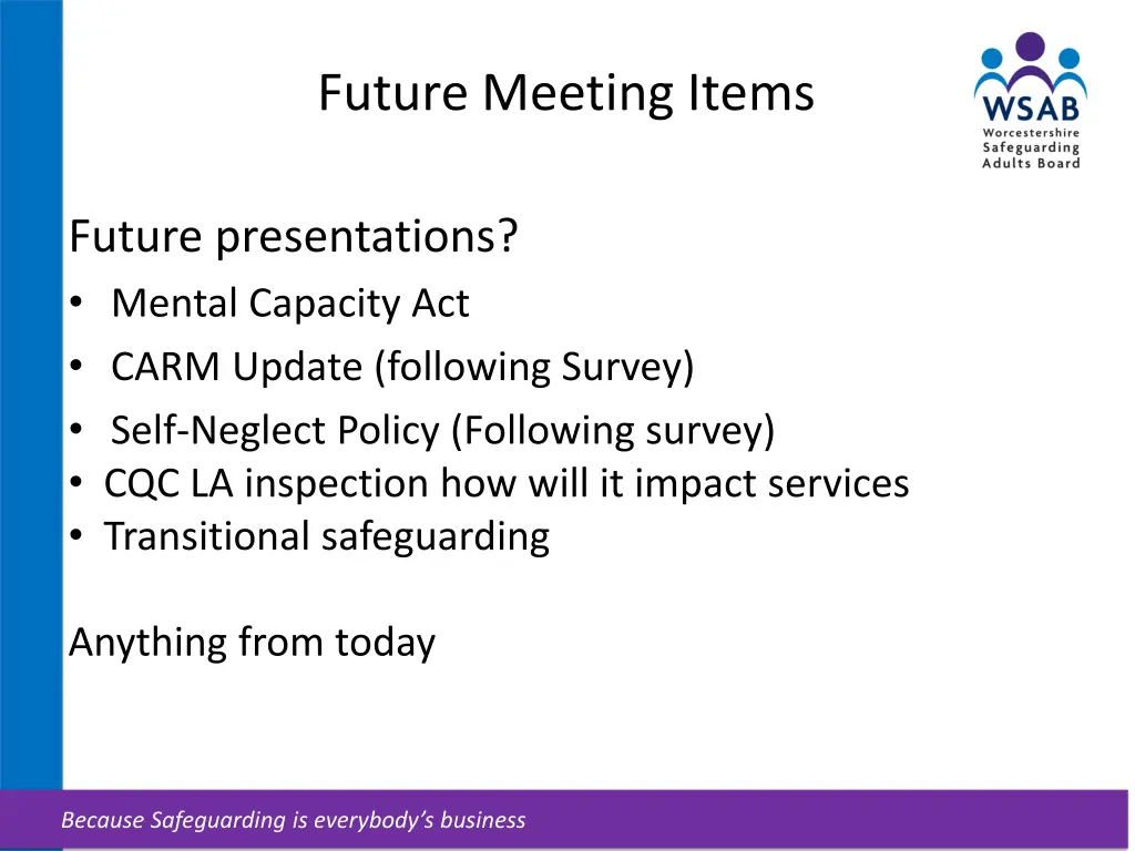 future meeting items