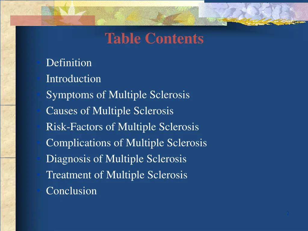 table contents