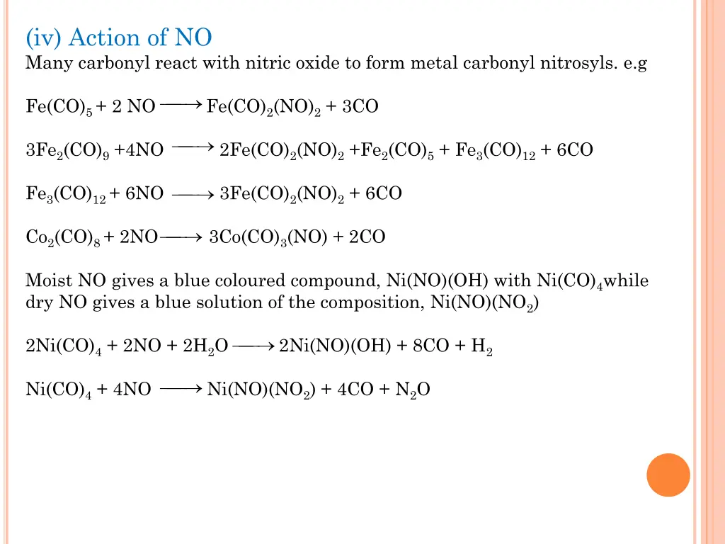 iv action of no many carbonyl react with nitric