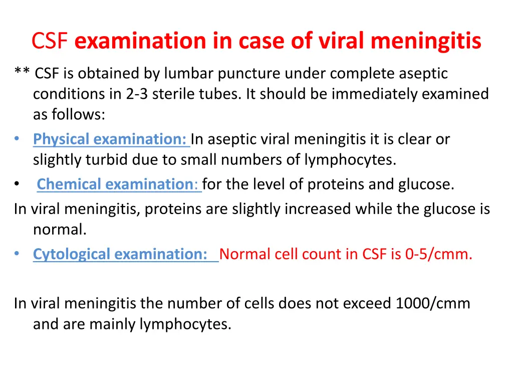 csf examination in case of viral meningitis