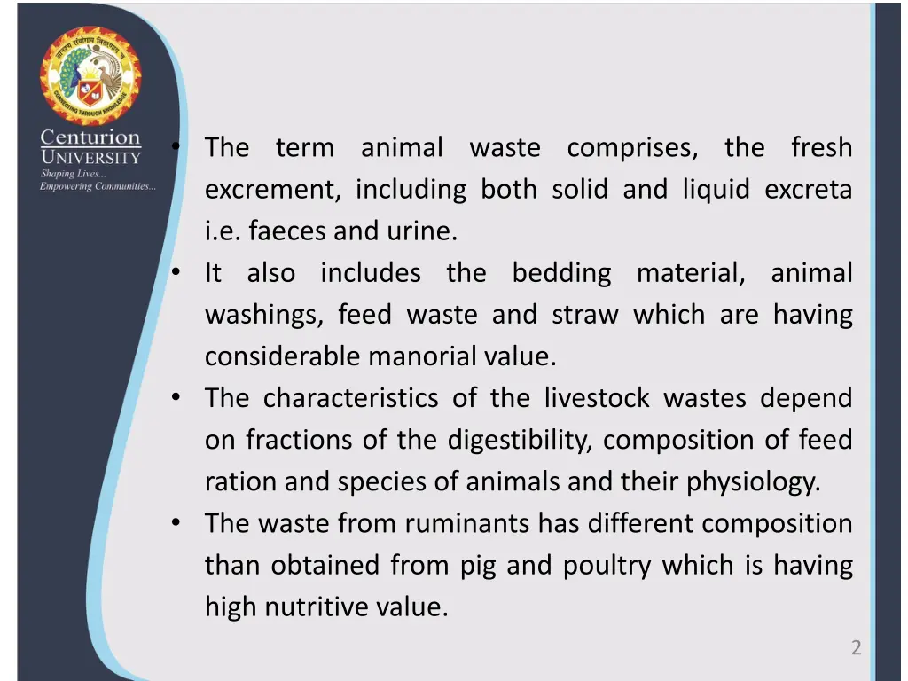 the term animal waste comprises the fresh