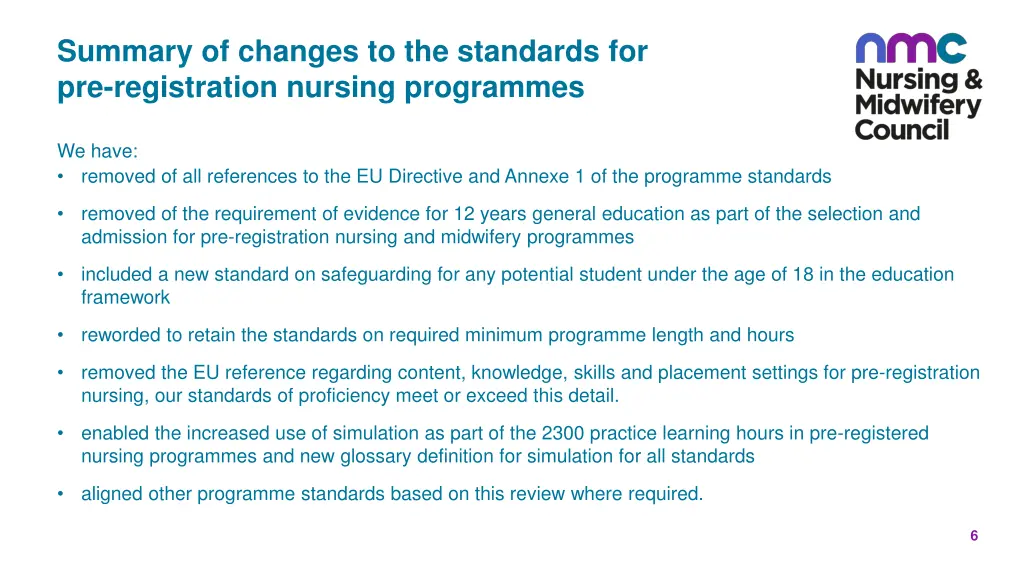 summary of changes to the standards