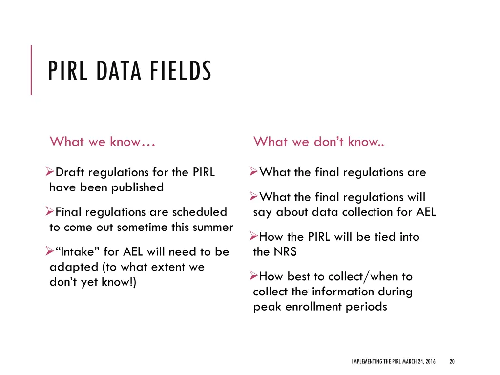 pirl data fields