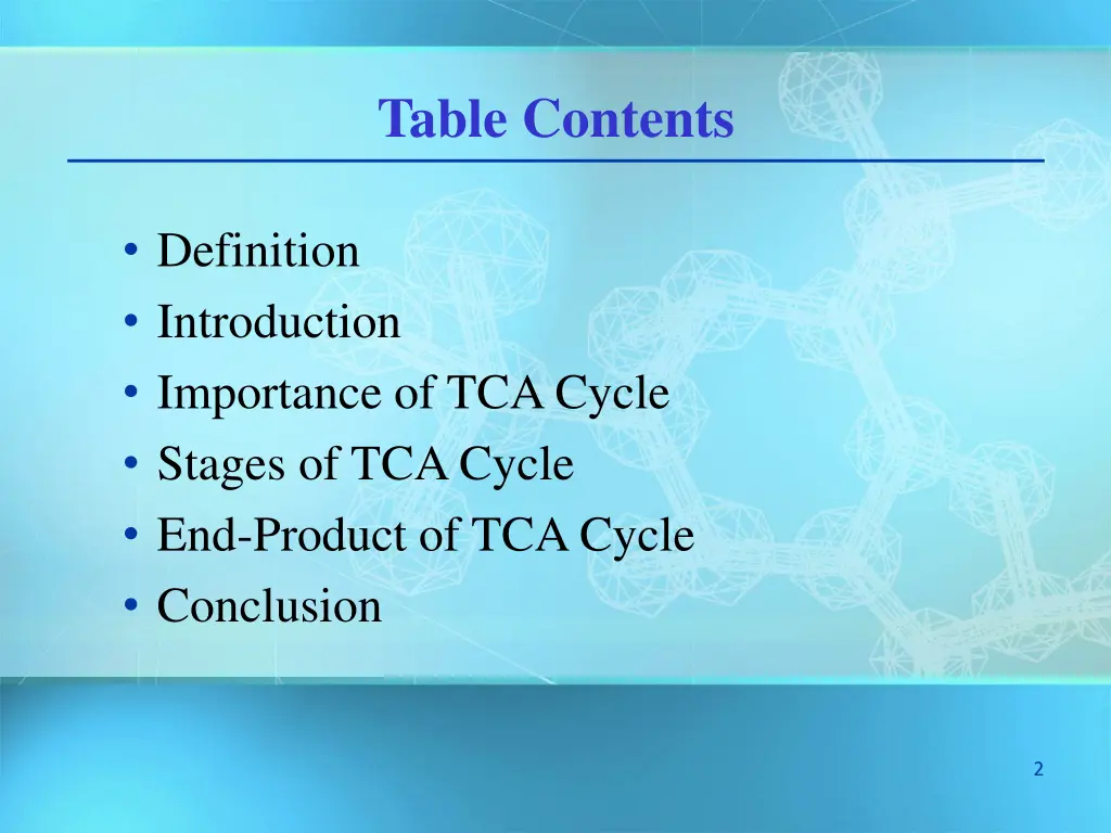 table contents