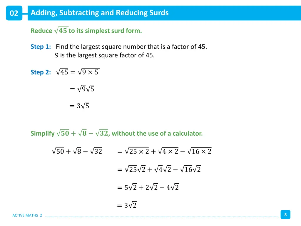 adding subtracting and reducing surds