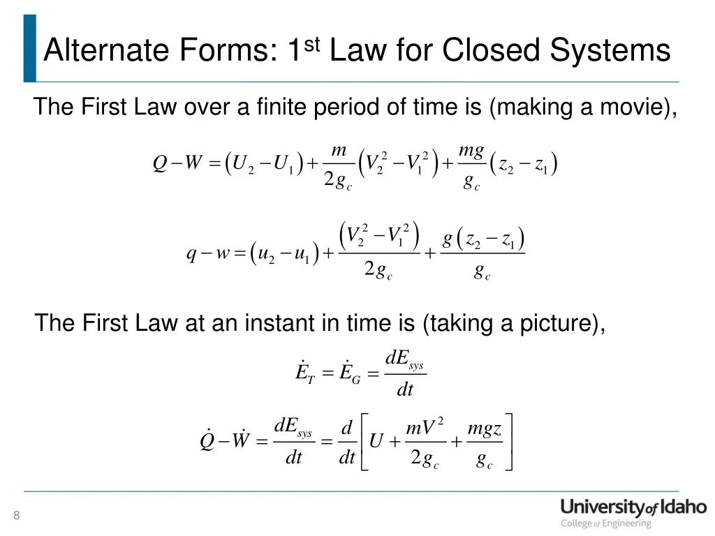 alternate forms 1 st law for closed systems