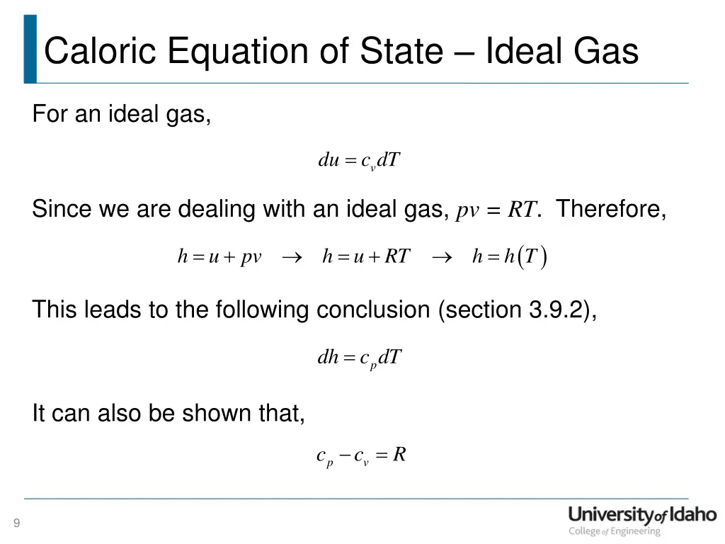 caloric equation of state ideal gas