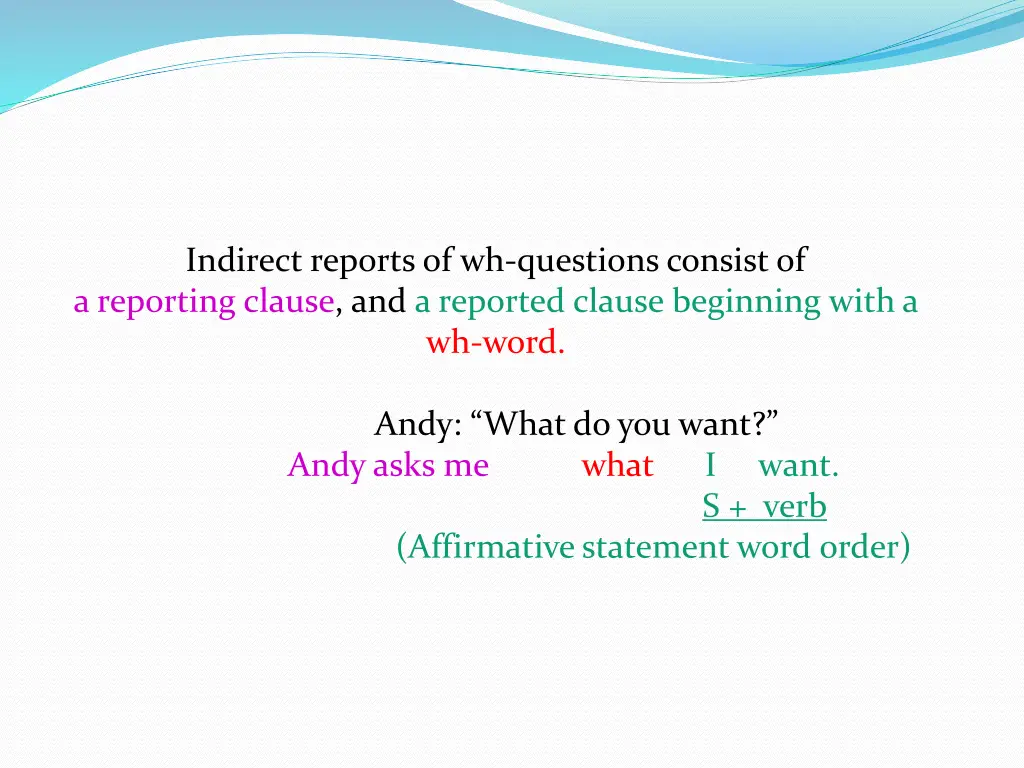 indirect reports of wh questions consist