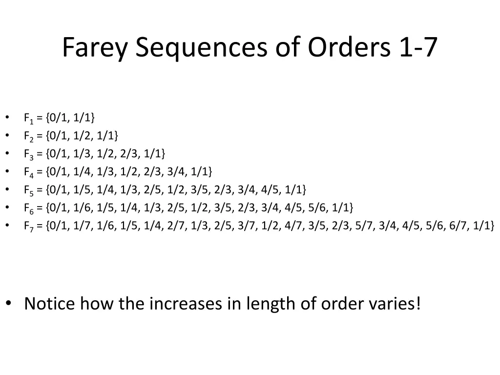 farey sequences of orders 1 7