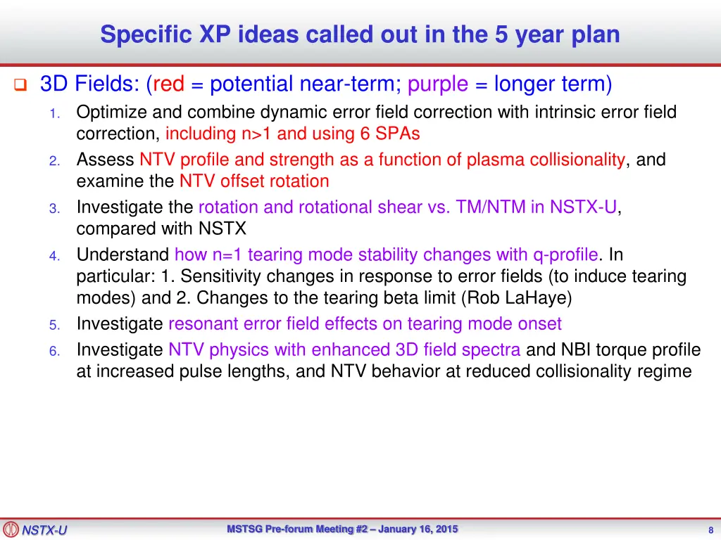 specific xp ideas called out in the 5 year plan 1