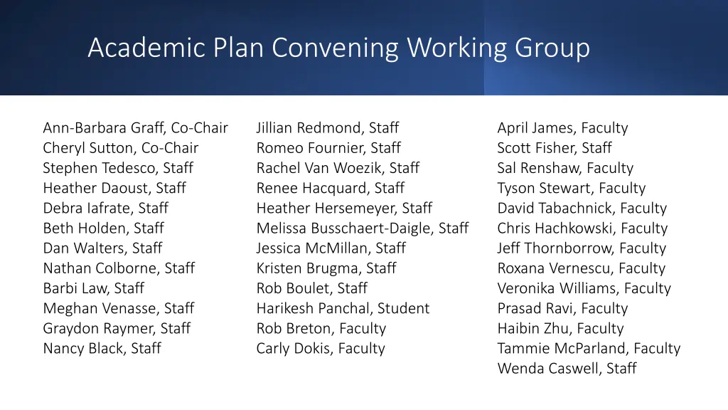 academic plan convening working group