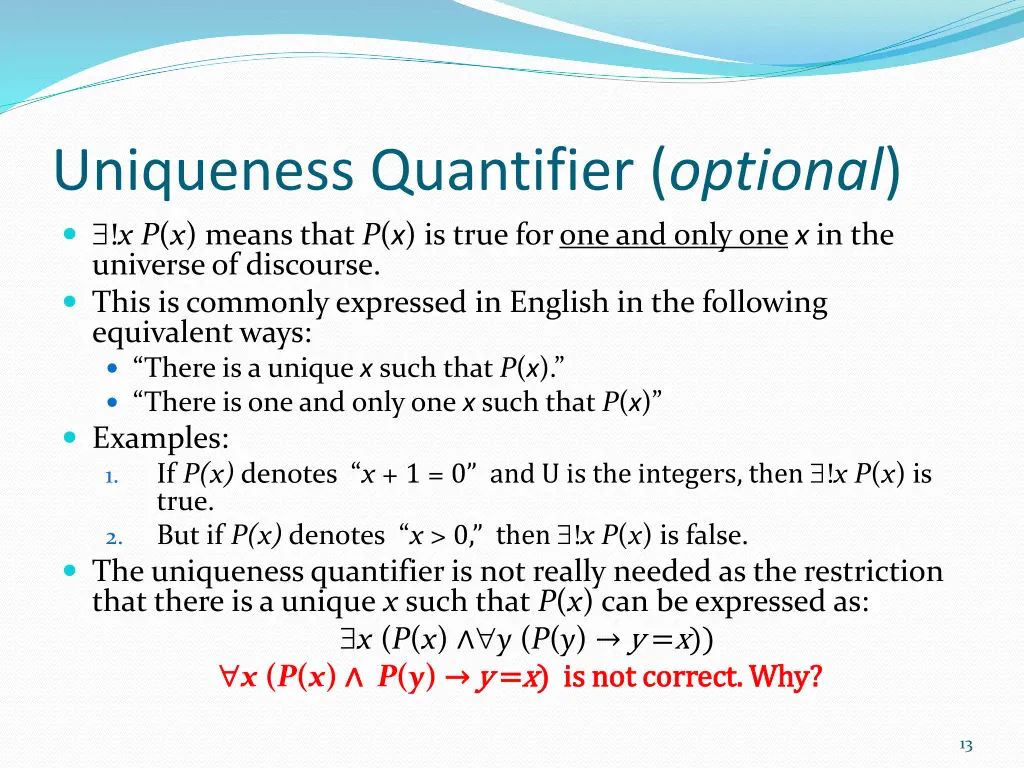 uniqueness quantifier optional x p x means that