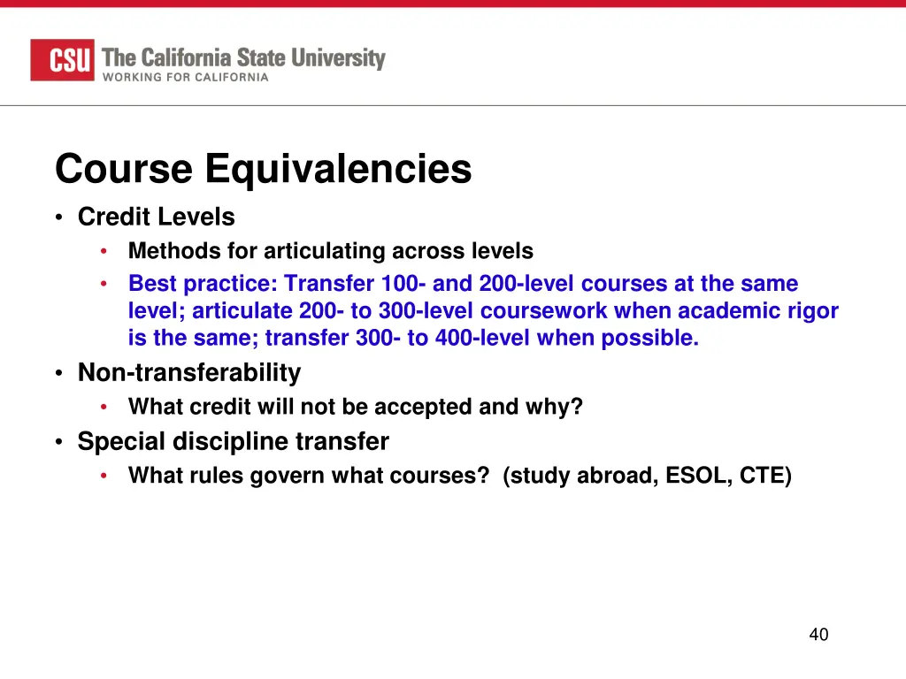course equivalencies credit levels methods