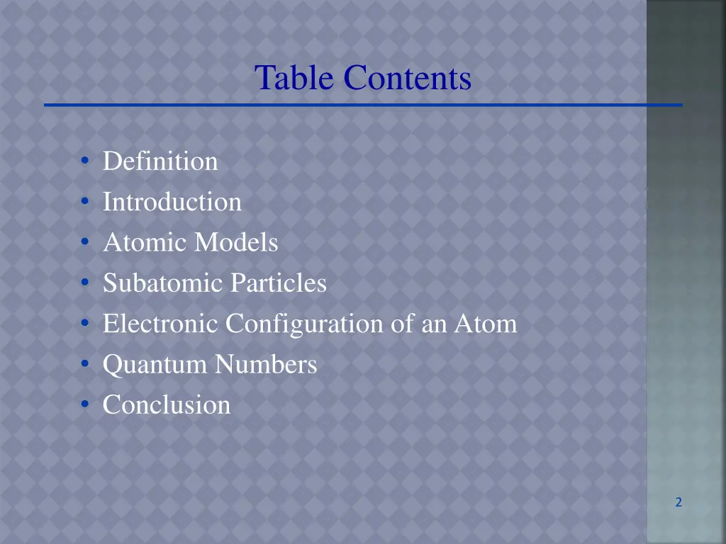 table contents